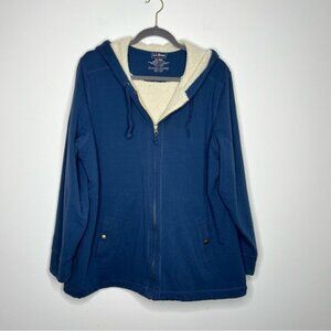 L.L. Bean Size XL Cream and Blue Zip Up Teddy Lined Sweatshirt Jacket with Hood